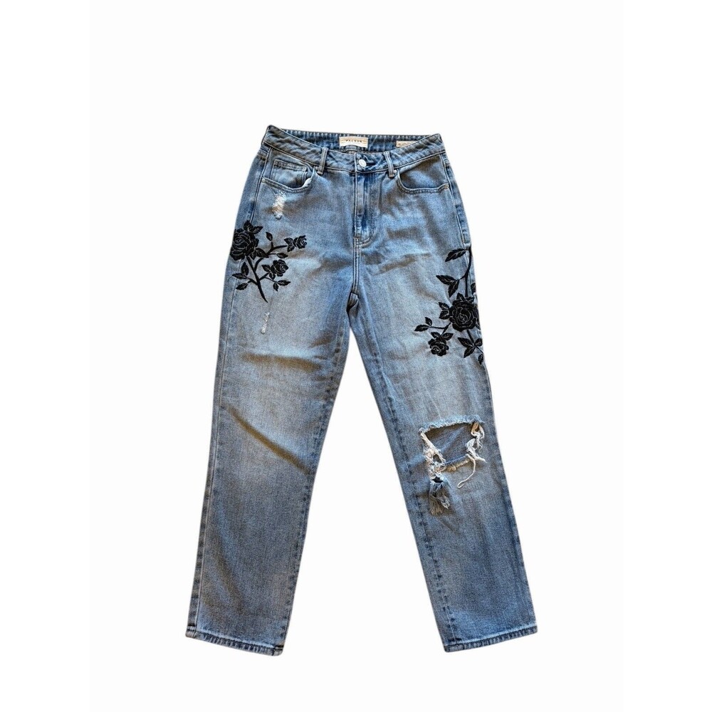 PacSun Mom Jeans Women's 28 6 Blue Denim Embroidered Flower Distressed 5-Pocket